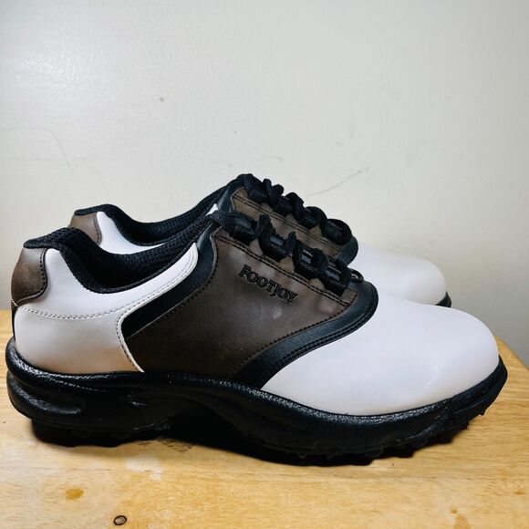 FootJoy Other - FootJoy GreenJoys Mens Shoes Size 9 White Brown Black Saddle Golf Spikes 45516